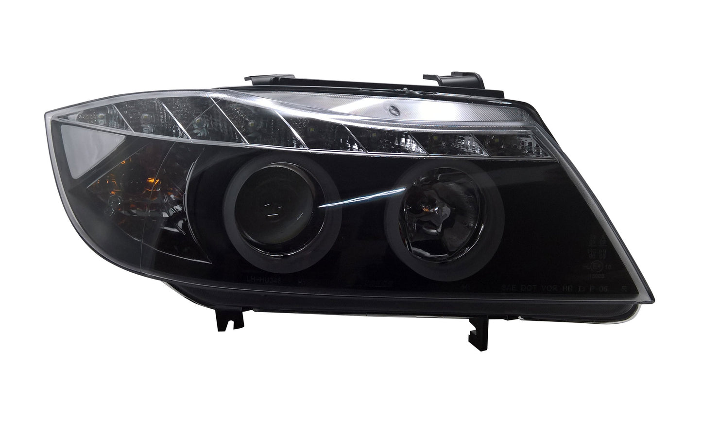 BMW 3-Series E90, E91 Pre-Facelift (2005-2008) Black LED DRL Angel Eye Headlights with Super Bright Rings