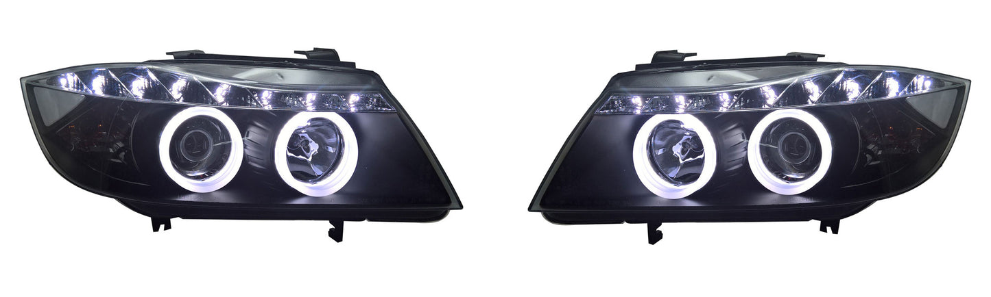BMW 3-Series E90, E91 Pre-Facelift (2005-2008) Black LED DRL Angel Eye Headlights with Super Bright Rings