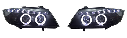 BMW 3-Series E90, E91 Pre-Facelift (2005-2008) Black LED DRL Angel Eye Headlights with Super Bright Rings