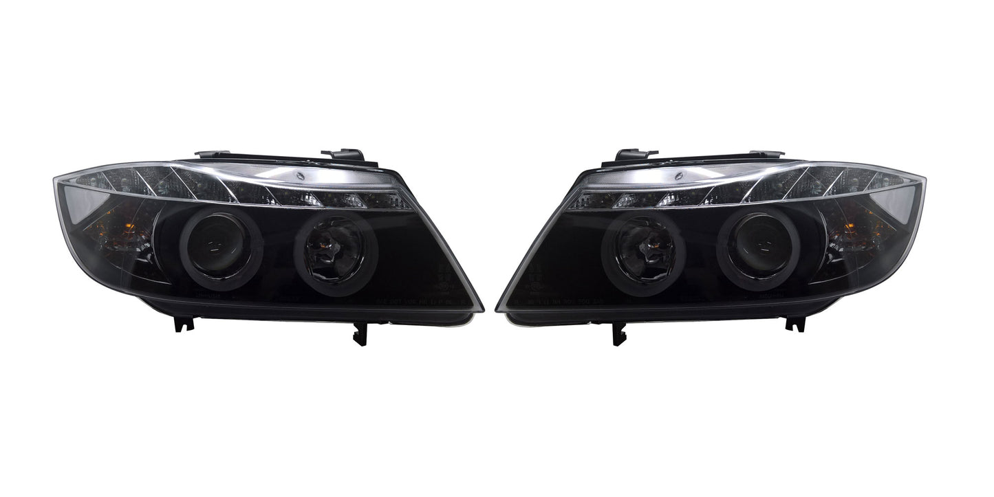 BMW 3-Series E90, E91 Pre-Facelift (2005-2008) Black LED DRL Angel Eye Headlights with Super Bright Rings