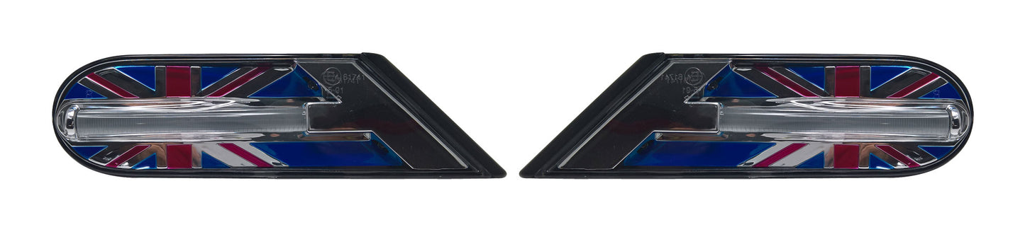 A pair of automotive side marker lights featuring a Union Jack flag design with a clear lens.