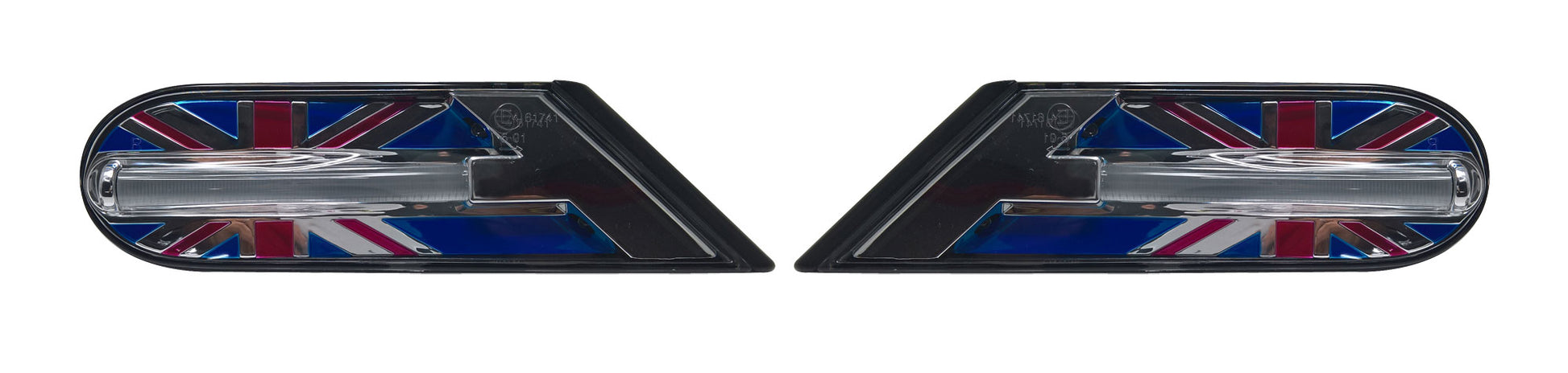 A pair of automotive side marker lights featuring a Union Jack flag design with a clear lens.