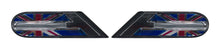 A pair of automotive side marker lights featuring a Union Jack flag design with a clear lens.