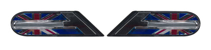 A pair of automotive side marker lights featuring a Union Jack flag design with a clear lens.
