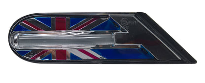 A car side marker light assembly featuring a Union Jack flag design with red, white, and blue colors, a clear horizontal reflector, and a black outer frame.