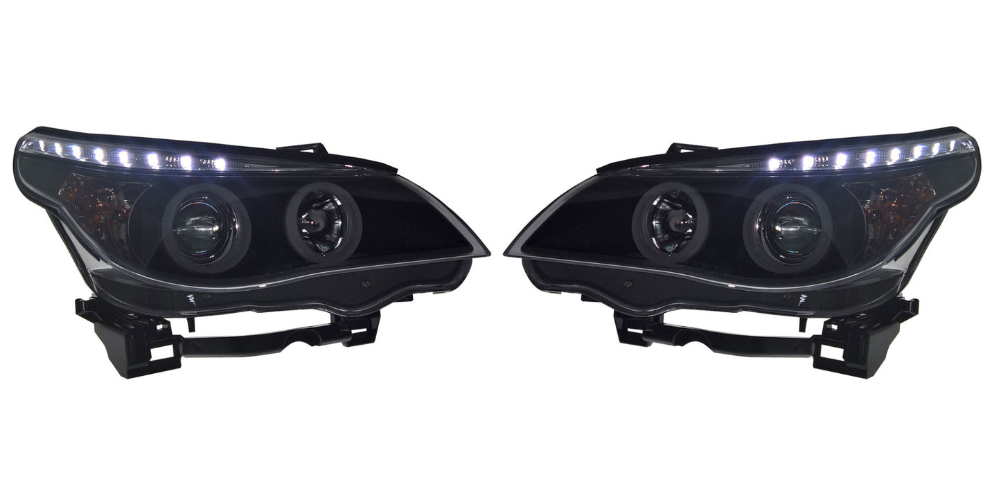 BMW 5-Series Saloon/Estate (E60/E61) 2003-2007 - Black Angel Eye Projector Headlights With Super Bright Rings & Motors