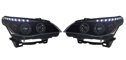 BMW 5-Series Saloon/Estate (E60/E61) 2003-2007 - Black Angel Eye Projector Headlights With Super Bright Rings & Motors