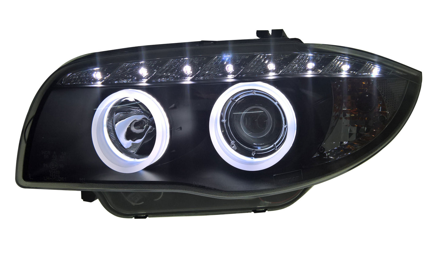 BMW 1-Series E81 E82 E87 E88 (2004-2011) Black Angel Eye Headlights With Super Bright Rings And LED Running Lights