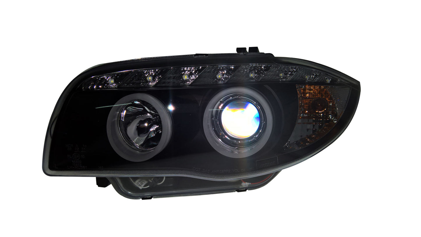 BMW 1-Series E81 E82 E87 E88 (2004-2011) Black Angel Eye Headlights With Super Bright Rings And LED Running Lights