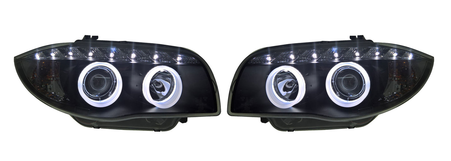 BMW 1-Series E81 E82 E87 E88 (2004-2011) Black Angel Eye Headlights With Super Bright Rings And LED Running Lights