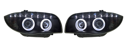BMW 1-Series E81 E82 E87 E88 (2004-2011) Black Angel Eye Headlights With Super Bright Rings And LED Running Lights
