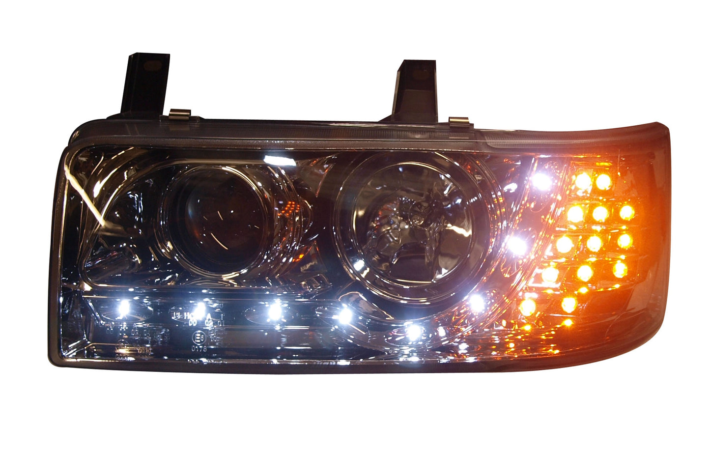 VW T4 Caravelle 1990-1997, T4 Transporter 1990-2003 (4-Cylinder Short Nose Models Only) Chrome DRL Headlights With LED Indicators.