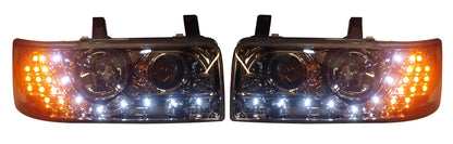 VW T4 Caravelle 1990-1997, T4 Transporter 1990-2003 (4-Cylinder Short Nose Models Only) Chrome DRL Headlights With LED Indicators.
