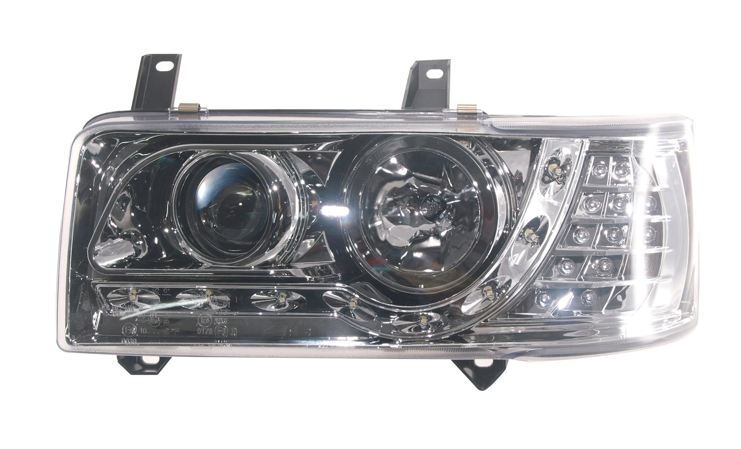 VW T4 Caravelle 1990-1997, T4 Transporter 1990-2003 (4-Cylinder Short Nose Models Only) Chrome DRL Headlights With LED Indicators.