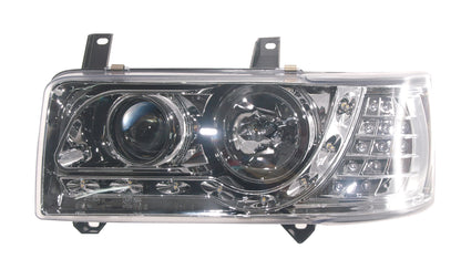 VW T4 Caravelle 1990-1997, T4 Transporter 1990-2003 (4-Cylinder Short Nose Models Only) Chrome DRL Headlights With LED Indicators.