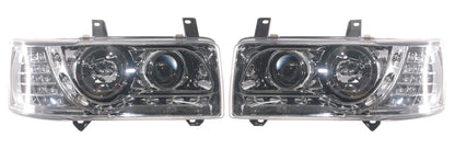 VW T4 Caravelle 1990-1997, T4 Transporter 1990-2003 (4-Cylinder Short Nose Models Only) Chrome DRL Headlights With LED Indicators.